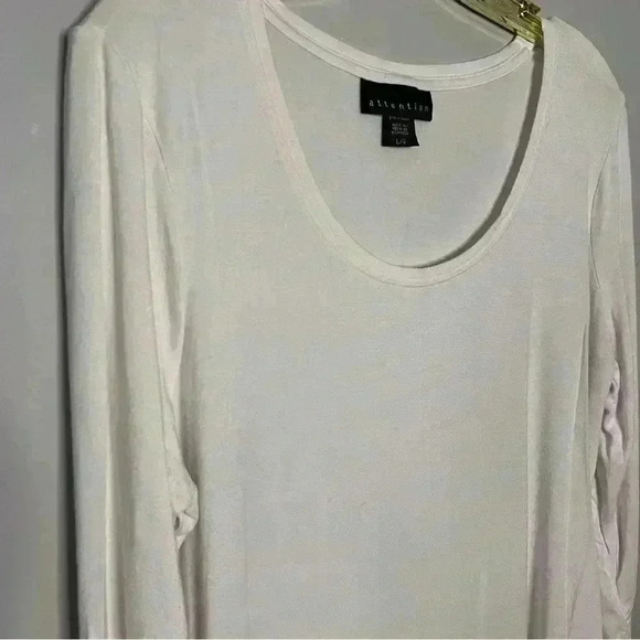 Attention Long Cinched Long Sleeve White Crew Neck Tee Shirt Suze L, EUC Comfy - Picture 2 of 6